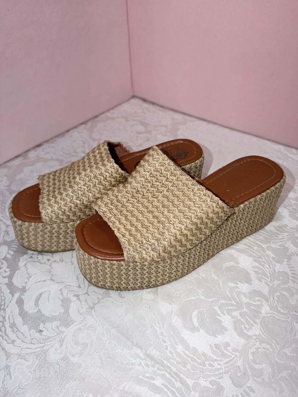 Kayleen Los Angeles Woven Raffia Platform Wedge Slide Sandals Size 8